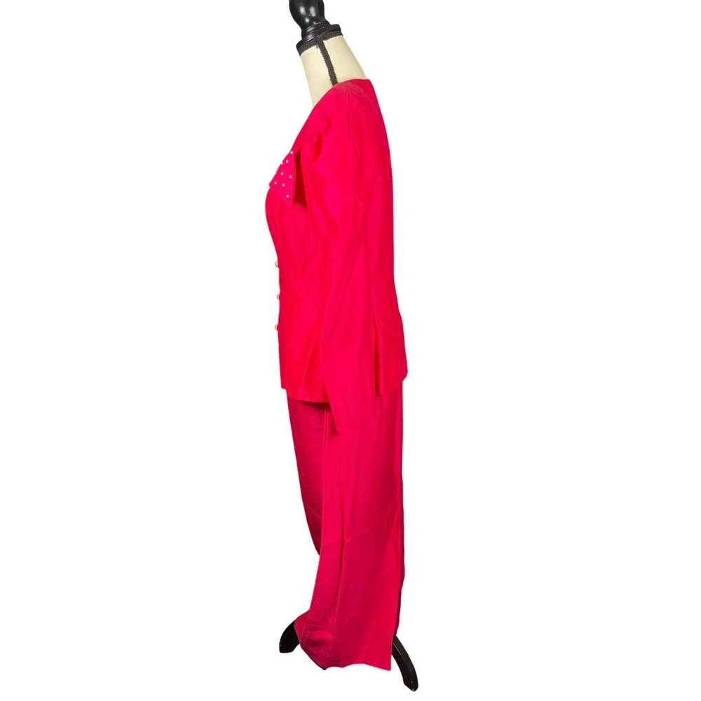 Vintage 80s Hot Pink Maxi Skirt Suit Set S/M Hot Pink Pearl Puff Sleeve USA Glam